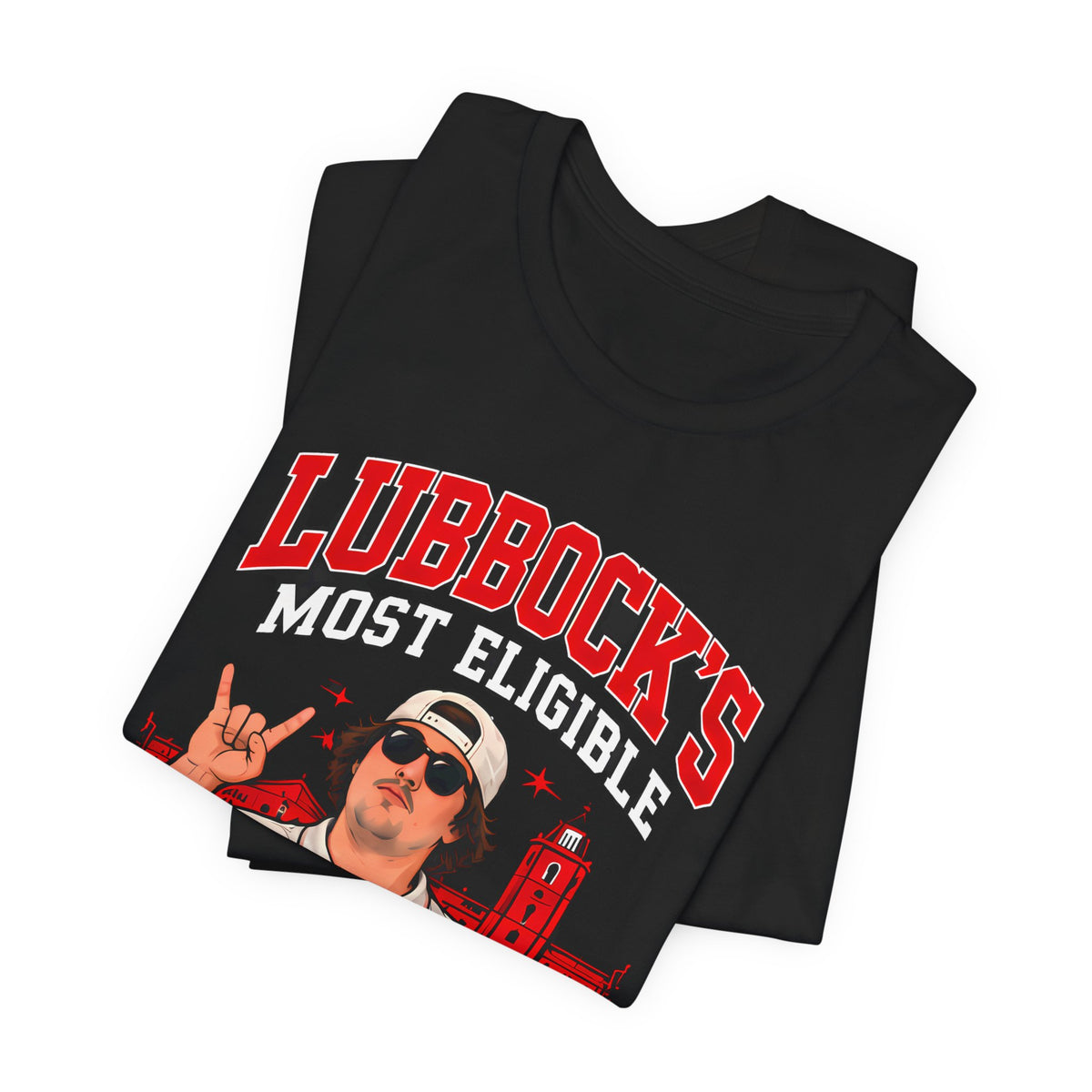 Black crew-neck T-shirt with large red and white front graphic, stacked view