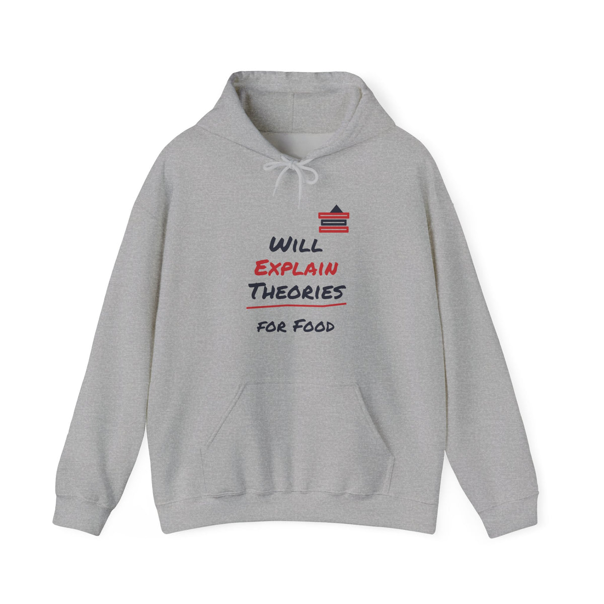Sport grey pullover hoodie with front pocket, drawstring hood, and colorful “Will Explain Theories” graphic