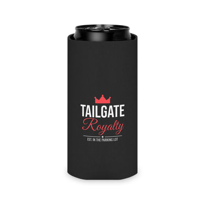 Black can cooler koozie with Tailgate Royalty branding and red crown icon