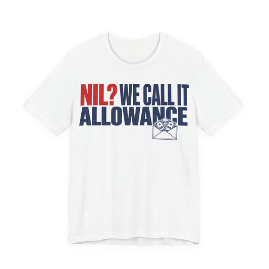 White short-sleeve crewneck tee with bold red/blue slogan graphic and money envelope print