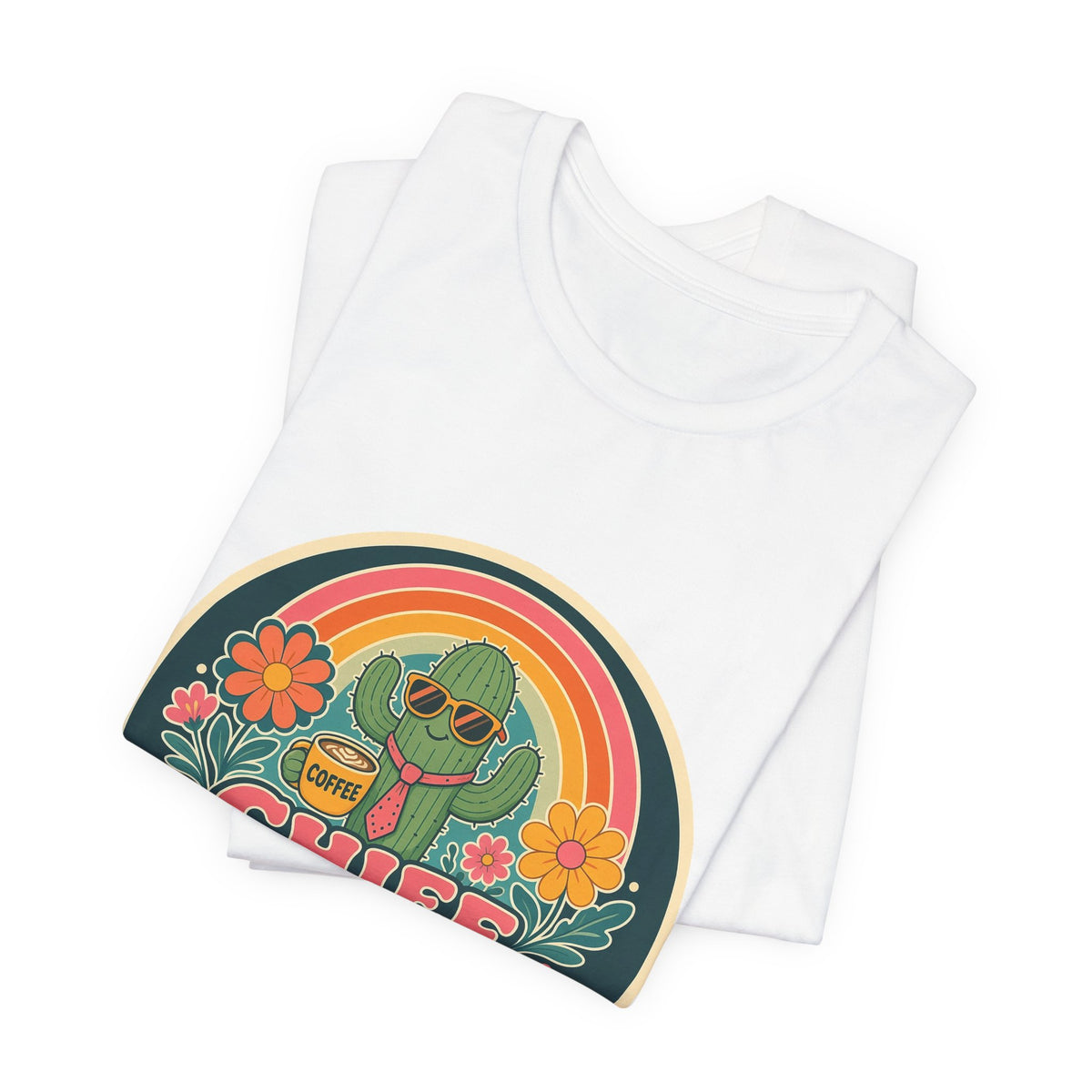 White crew-neck T-shirt showing foldover close-up of round “Chief Vibes Officer” graphic