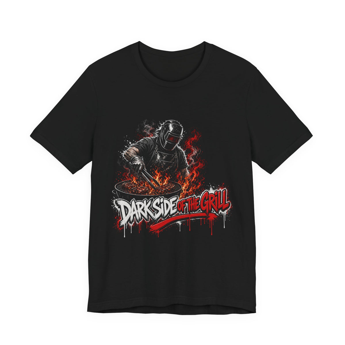 Black crewneck T-shirt with grill-themed astronaut graphic in red and gray