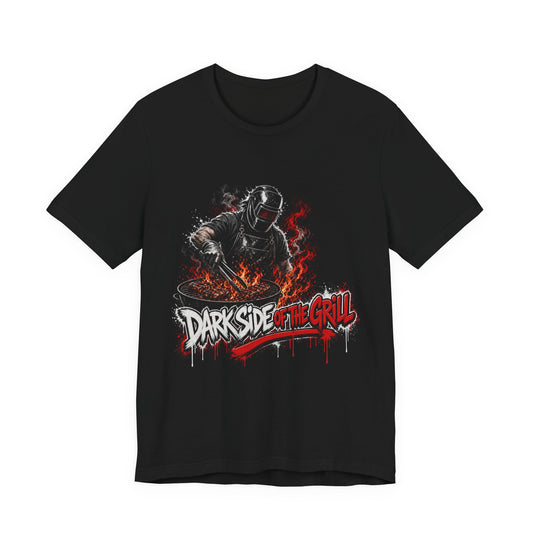 Black crewneck T-shirt with grill-themed astronaut graphic in red and gray