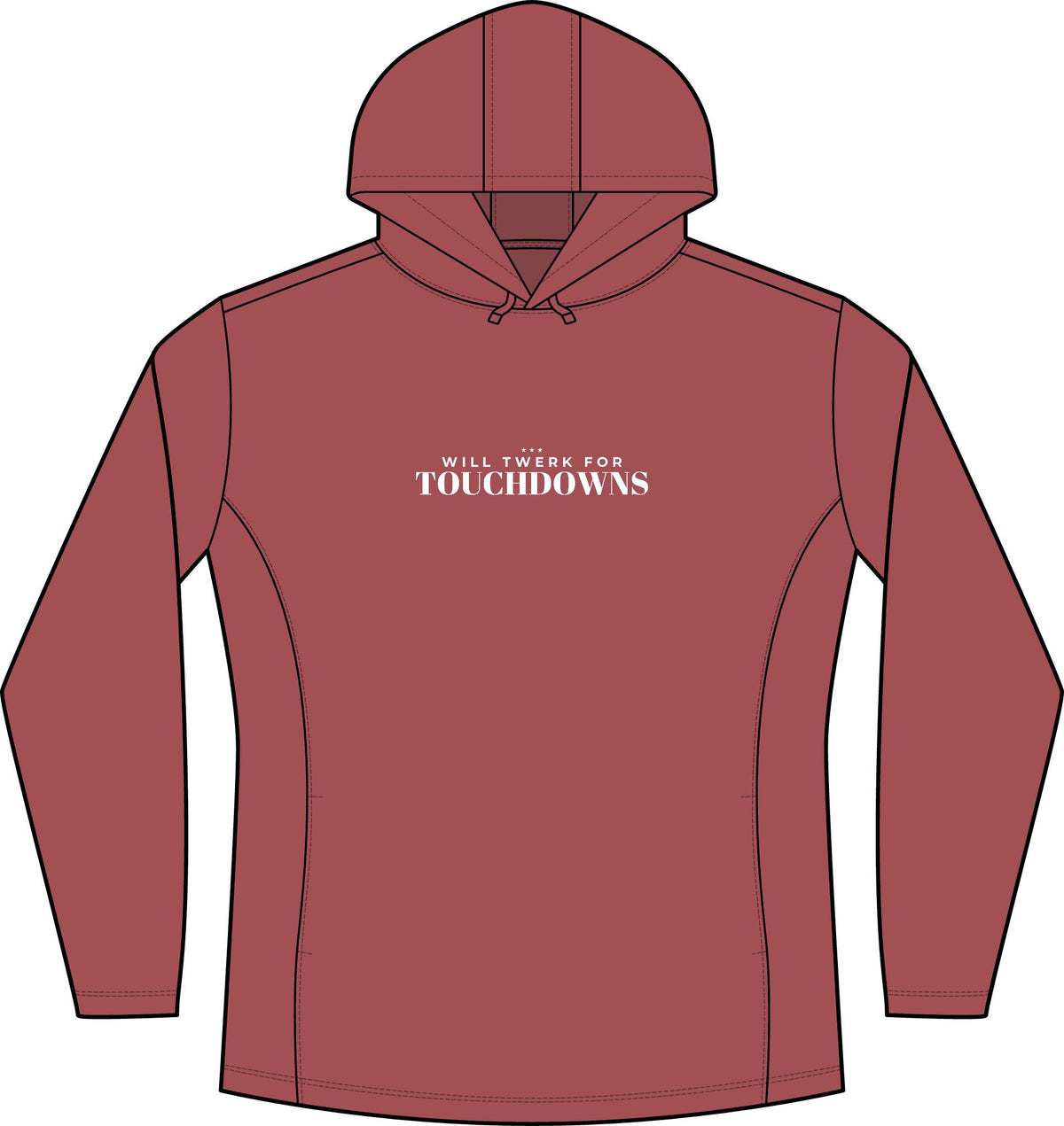 Women's deep red heather hoodie with hood, front pocket, and chest text logo