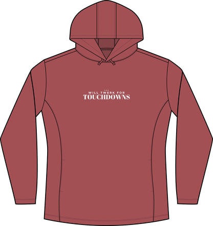 Women's deep red heather hoodie with hood, front pocket, and chest text logo