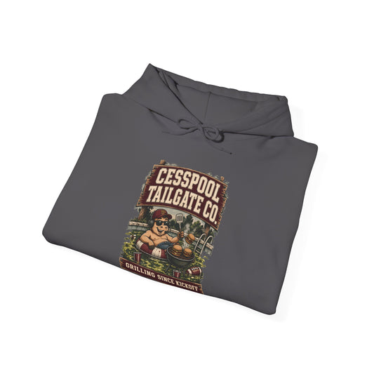 Dark gray hoodie with front graphic print, folded view, drawstring hood