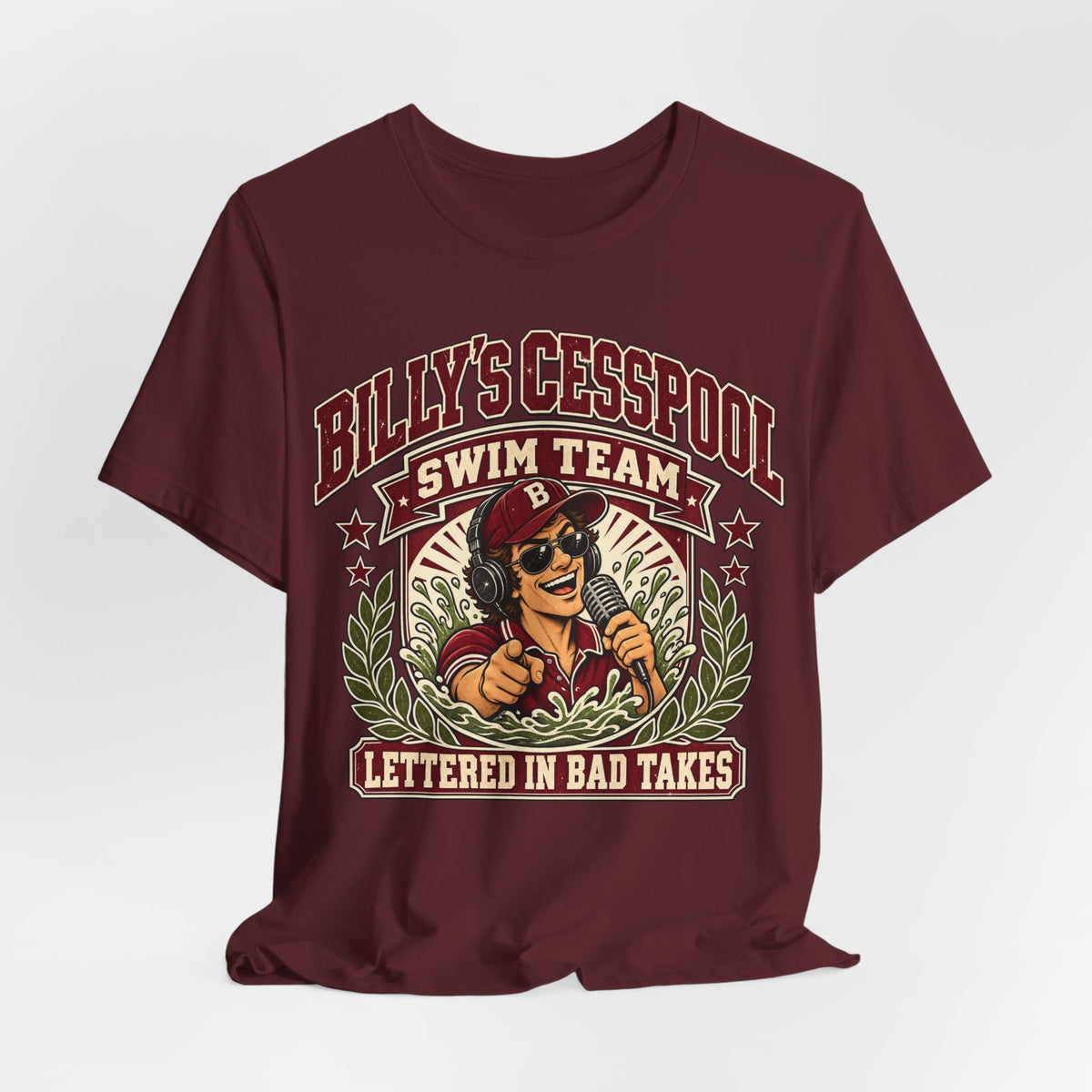 Maroon swim team crewneck T-shirt with circular vintage mascot graphic