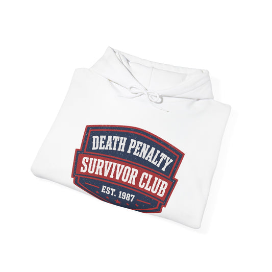 White pullover hoodie folded with large front graphic patch and drawstring hood