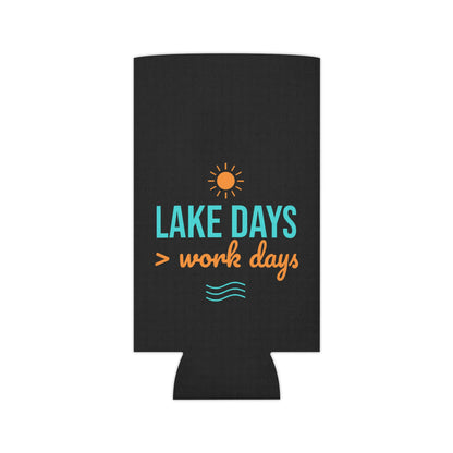 Black can koozie showing Lake Days > work days text with sun and teal wave icons
