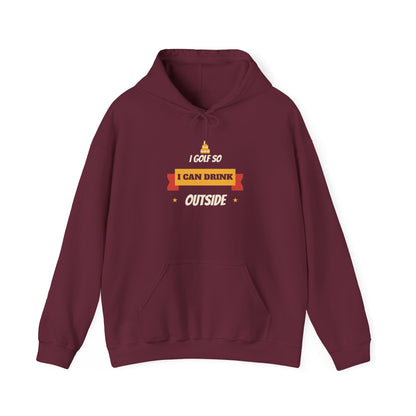 Maroon pullover hoodie with front pocket and “I can drink outside” graphic