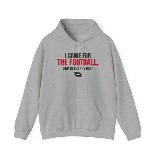 Sport grey pullover hoodie with drawstring, front pocket, and football graphic
