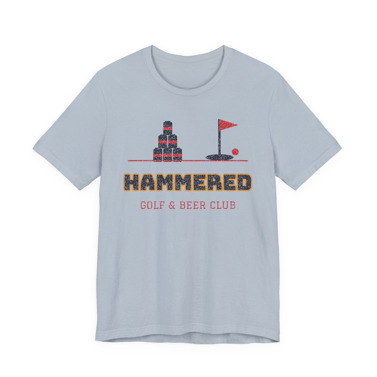 Light blue crewneck T-shirt with 'HAMMERED' golf & beer club graphic