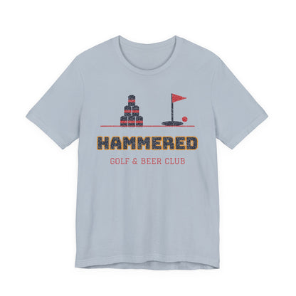 Light blue crewneck T-shirt with 'HAMMERED' golf & beer club graphic