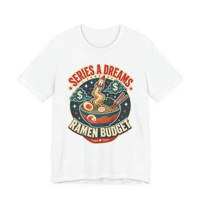 White crewneck graphic tee with "SERIES A DREAMS" "RAMEN BUDGET" ramen bowl print