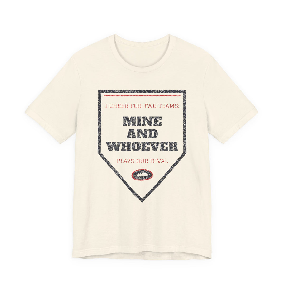 Funny college T-shirt, natural/cream, front triangle graphic with “Mine and Whoever”