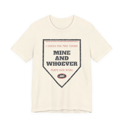 Funny college T-shirt, natural/cream, front triangle graphic with “Mine and Whoever”