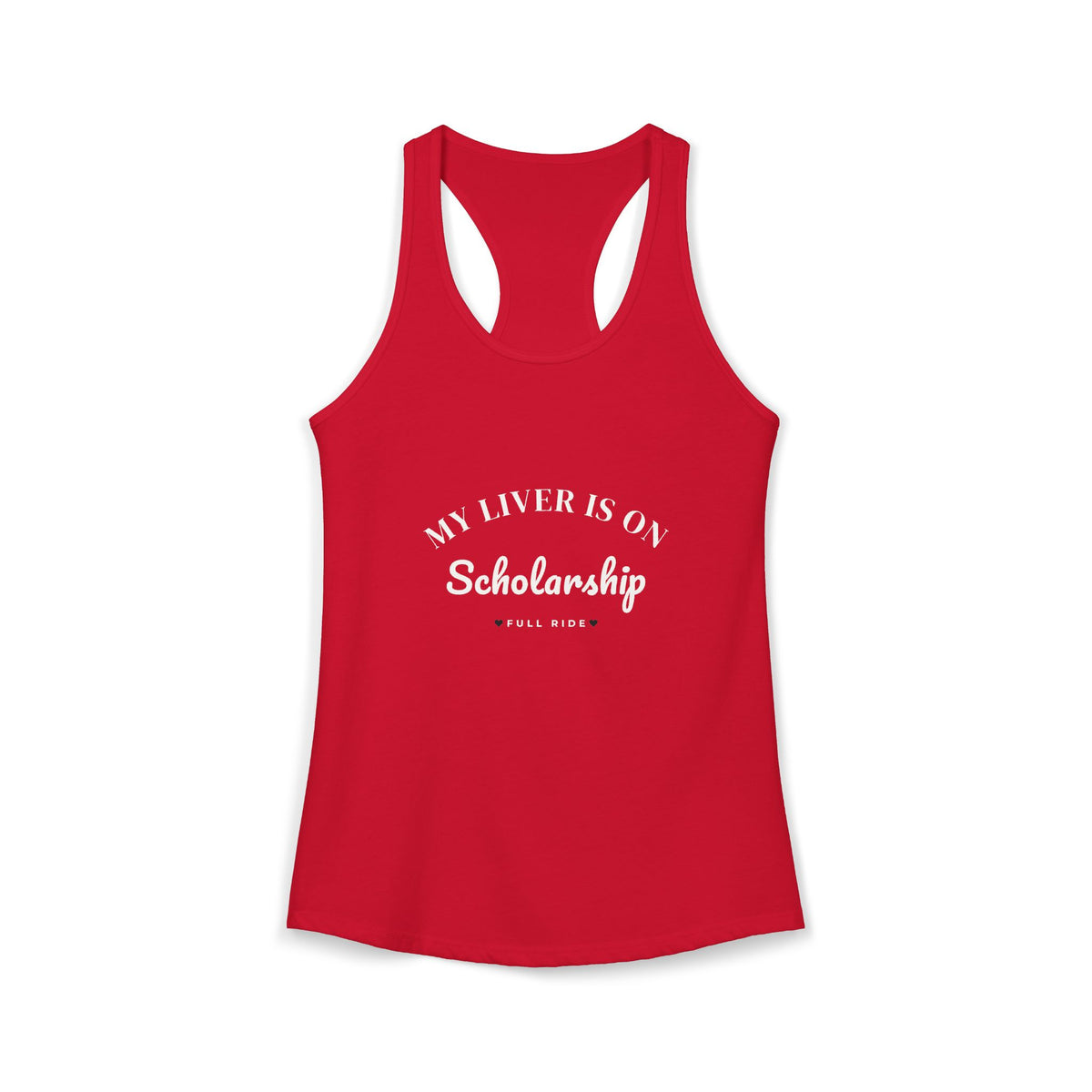 Red racerback tank top with scoop neck and cutout back; centered white text graphic