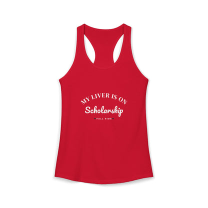 Red racerback tank top with scoop neck and cutout back; centered white text graphic