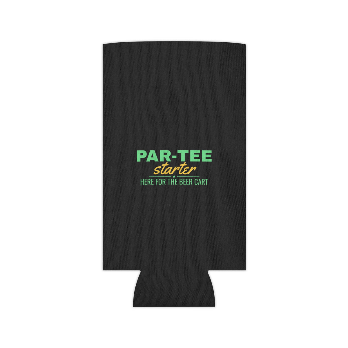 Black can cooler koozie with PAR-TEE Starter logo, plain front view