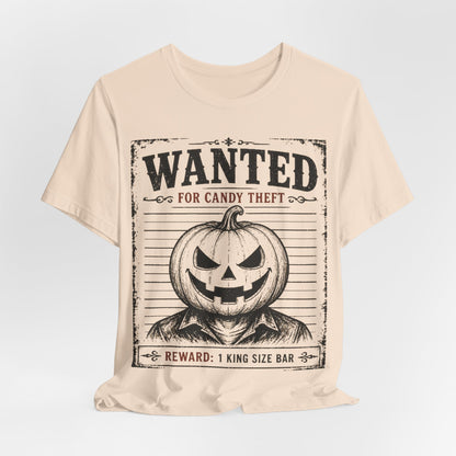 Soft cream T-shirt featuring black “WANTED” jack-o-lantern front graphic