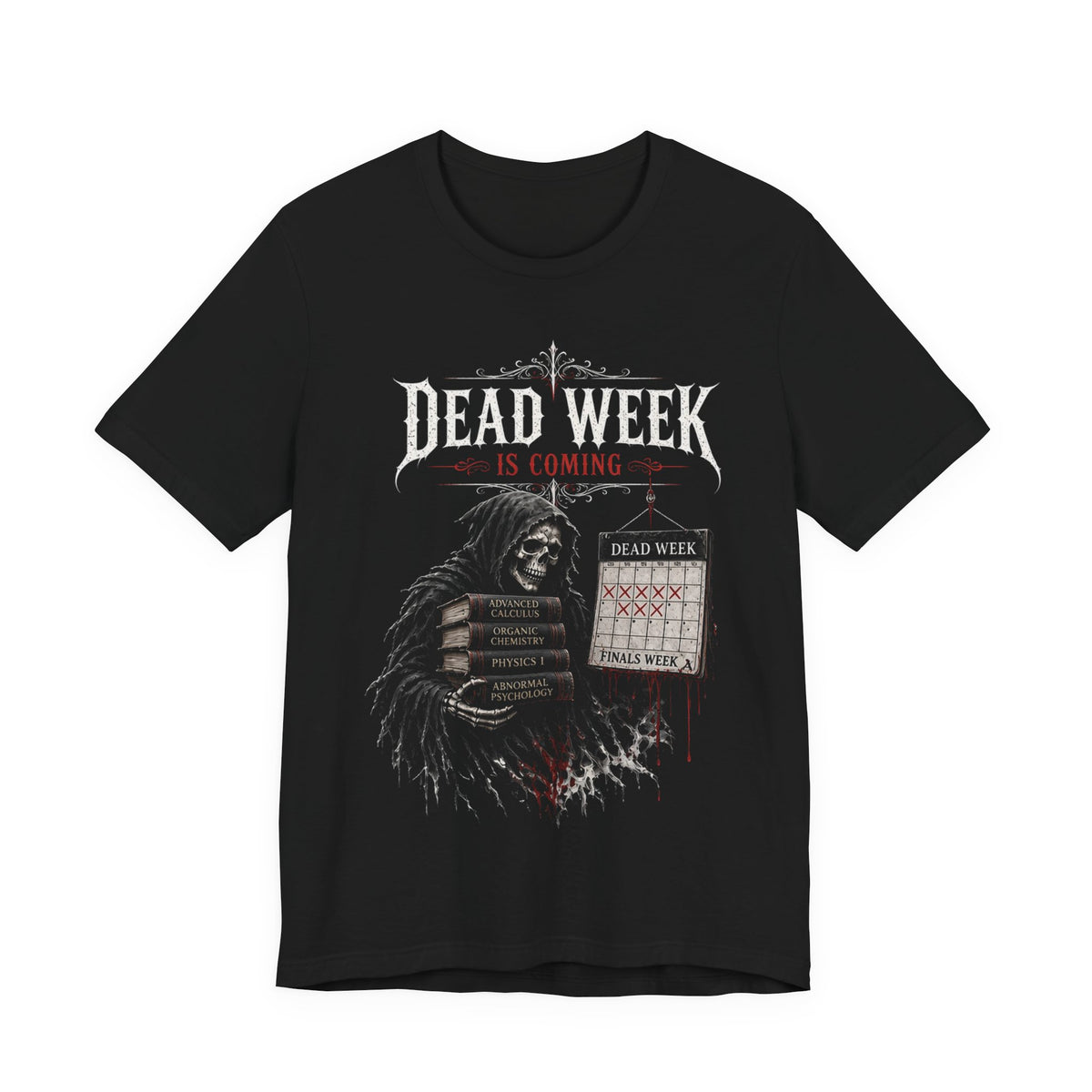 Black graphic T-shirt with skull holding books and 'Dead Week' text