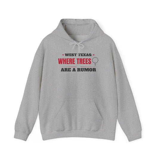 Sport grey pullover hoodie with chest graphic "Where Trees Are a Rumor".