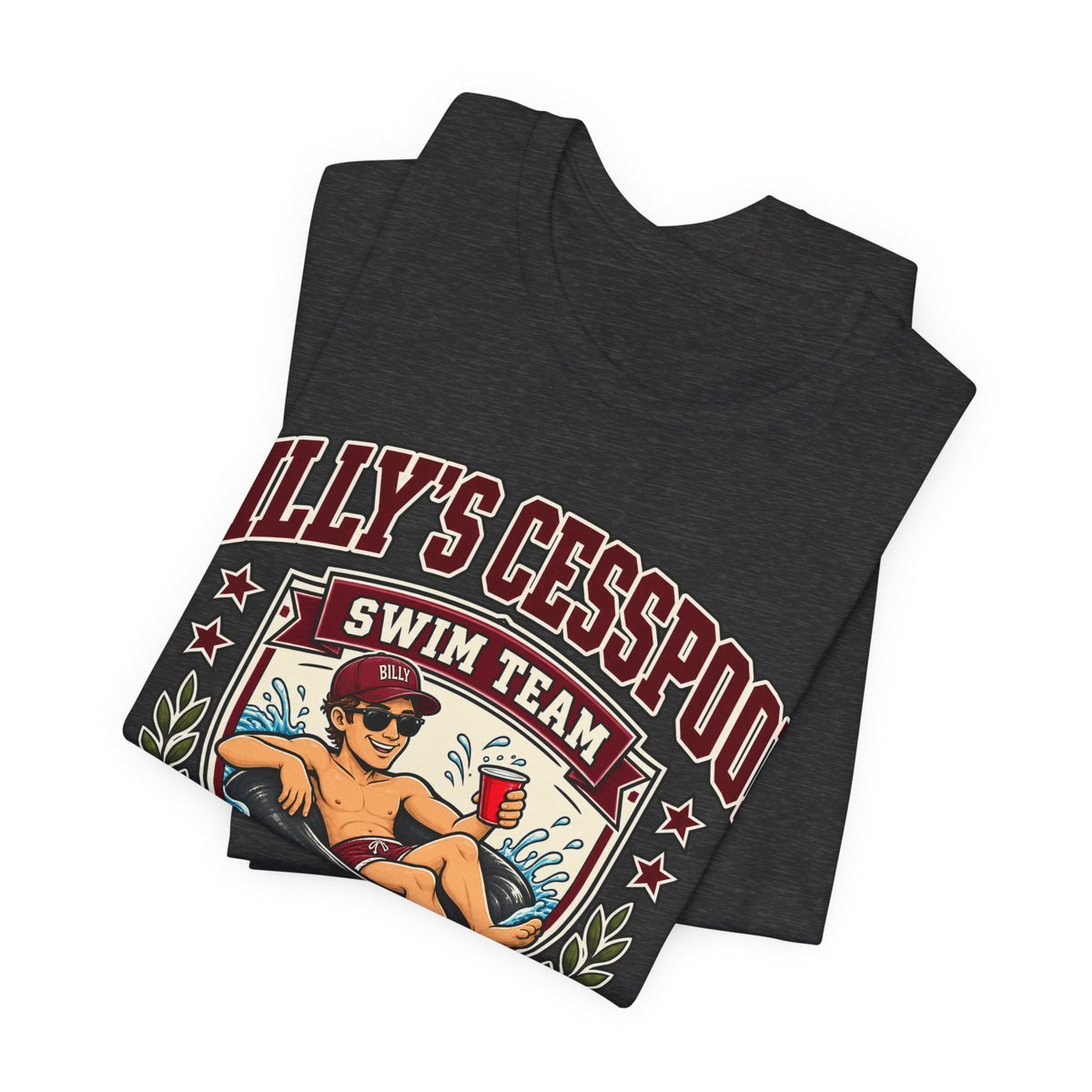 Dark heather grey folded tee with large Billy's Cesspool swim team emblem