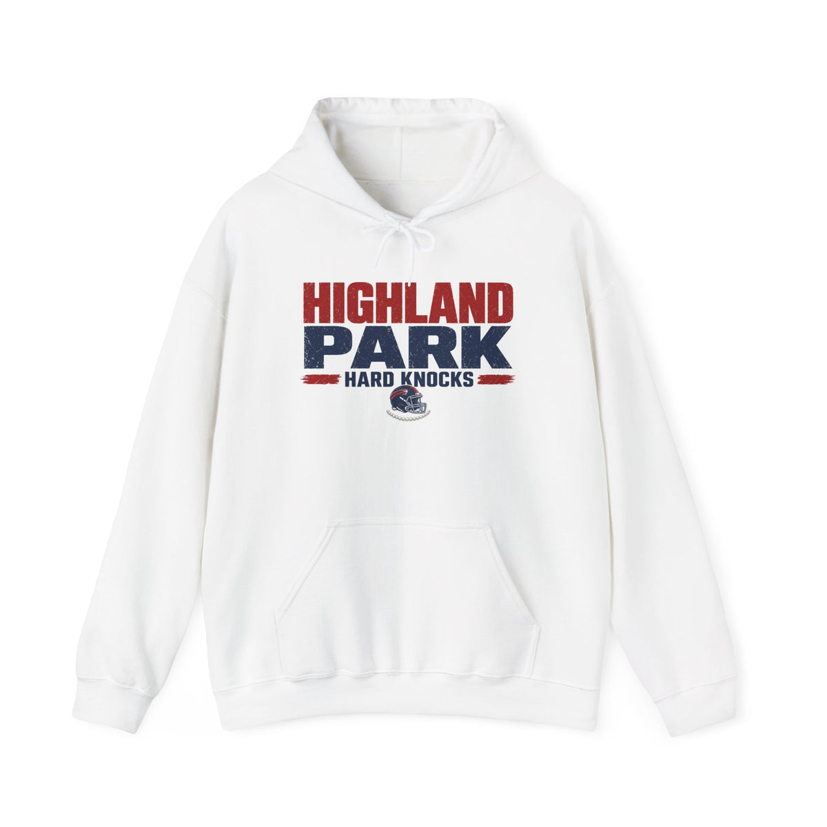 White pullover hoodie with front graphic logo, drawstring hood and kangaroo pocket