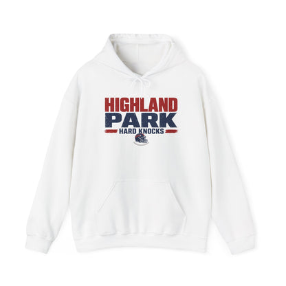 White pullover hoodie with front graphic logo, drawstring hood and kangaroo pocket