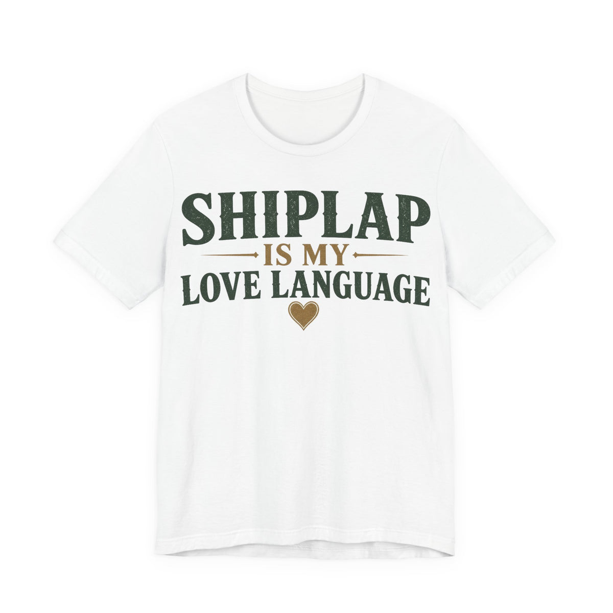 White crewneck T-shirt, green SHIPLAP text with heart