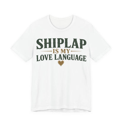 White crewneck T-shirt, green SHIPLAP text with heart
