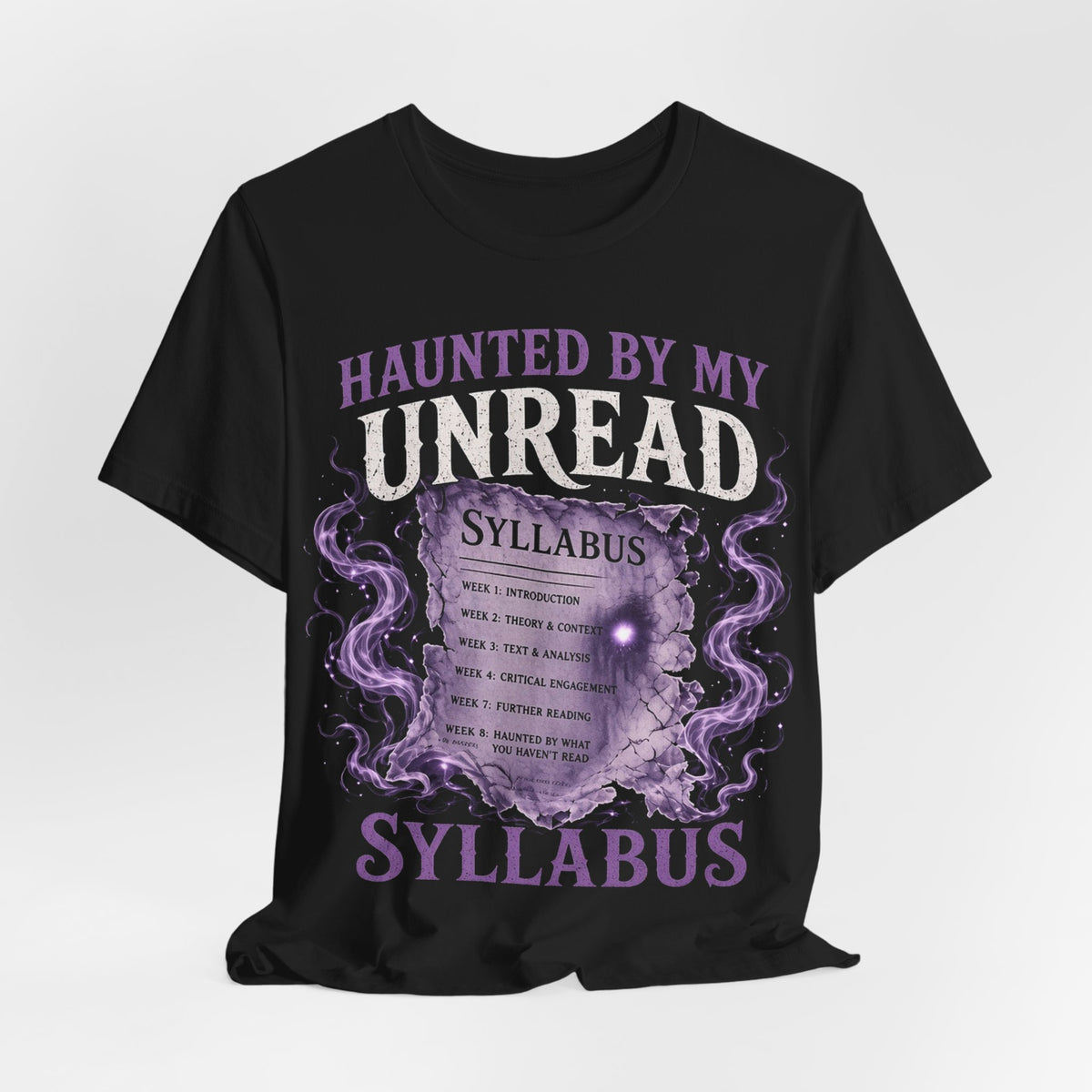 Black crewneck T-shirt with centered 'Haunted by my Unread' and 'SYLLABUS' text art