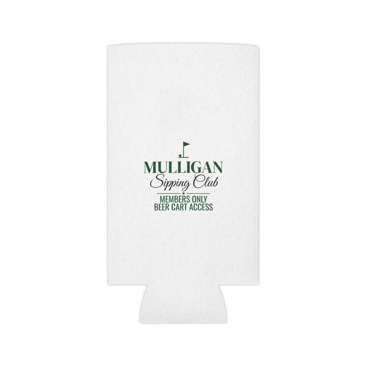 White beer koozie with small green Mulligan Sipping Club logo and members-only text