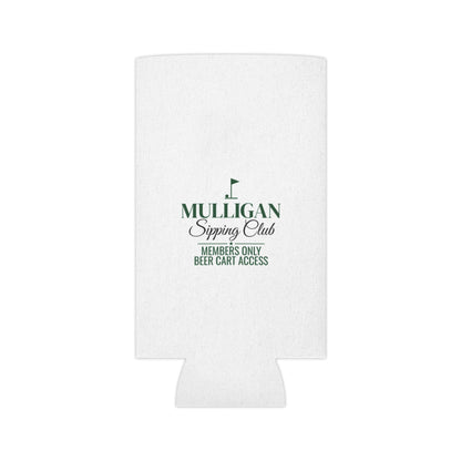 White beer koozie with small green Mulligan Sipping Club logo and members-only text