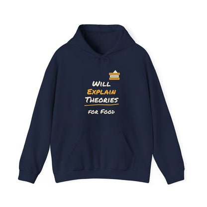 Navy pullover hoodie with front pocket, drawstring hood, and colorful “Will Explain Theories” graphic