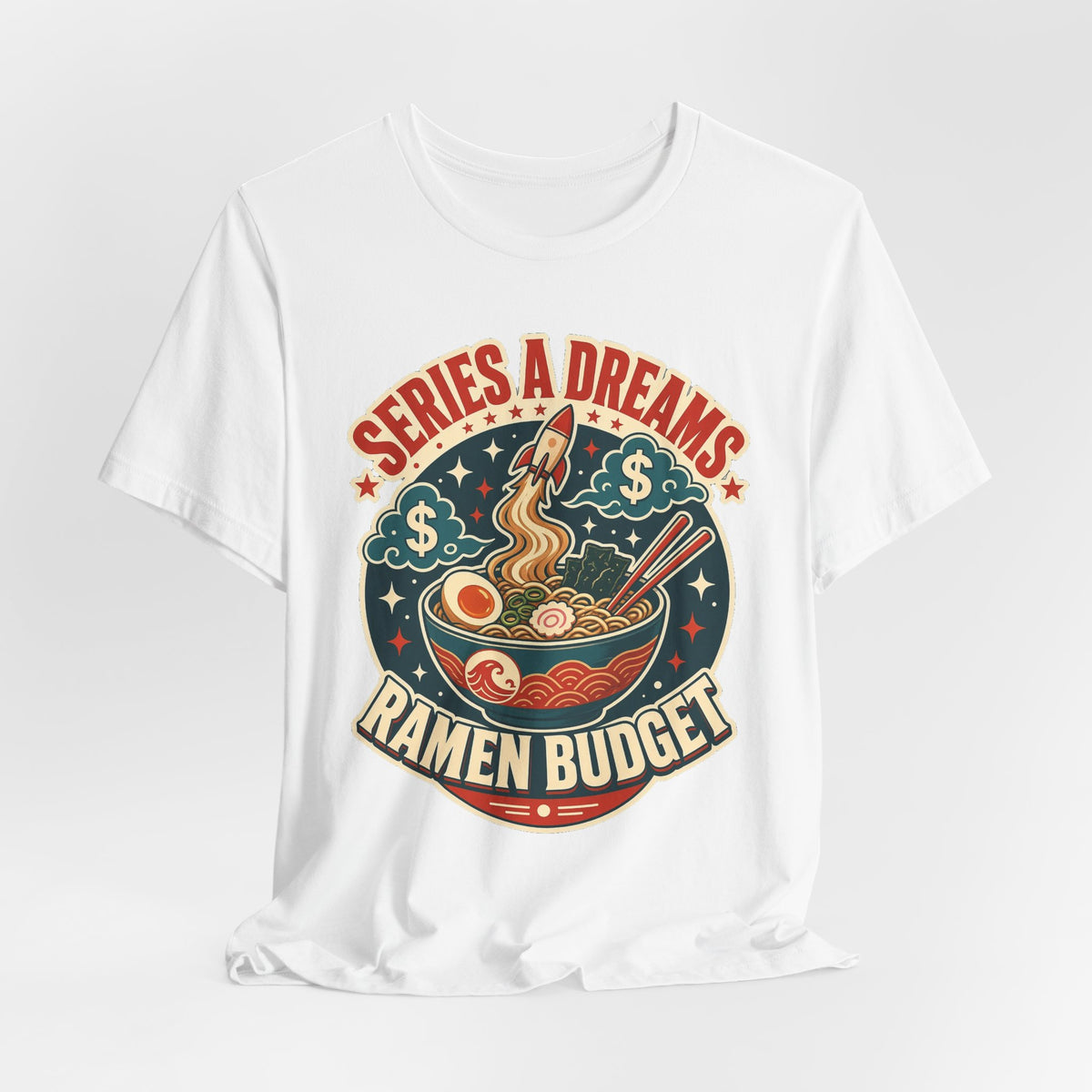 White crewneck graphic tee with full "SERIES A DREAMS" "RAMEN BUDGET" ramen bowl logo