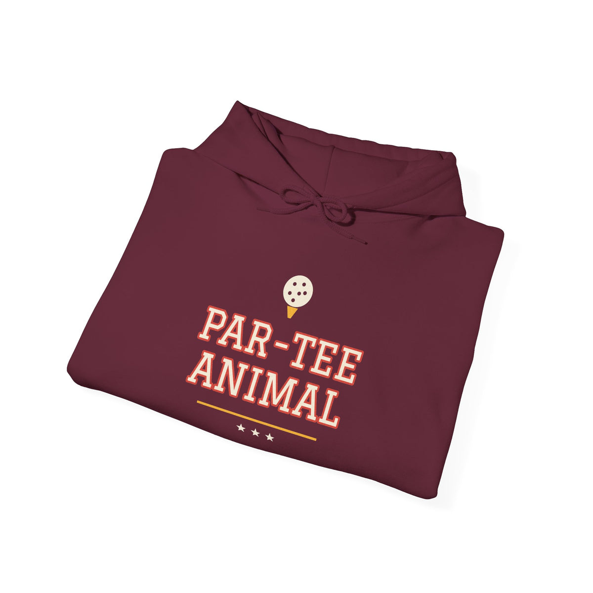 Maroon hoodie with "PAR-TEE ANIMAL" graphic and drawstring hood