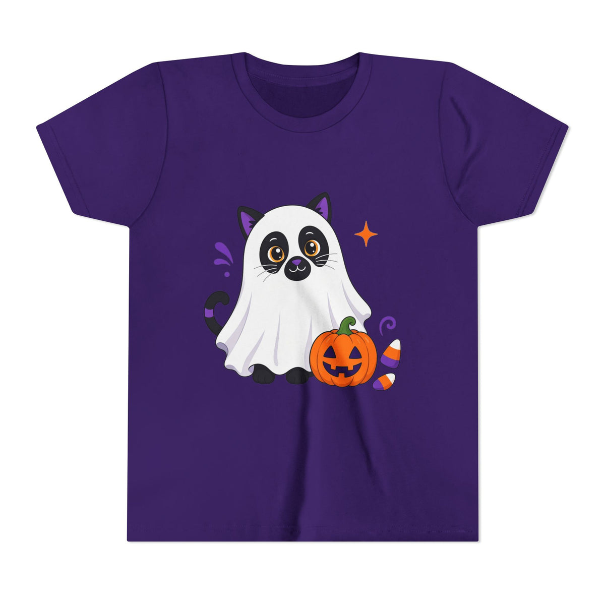Kids purple Halloween graphic tee with ghost cat holding a jack-o'-lantern pumpkin