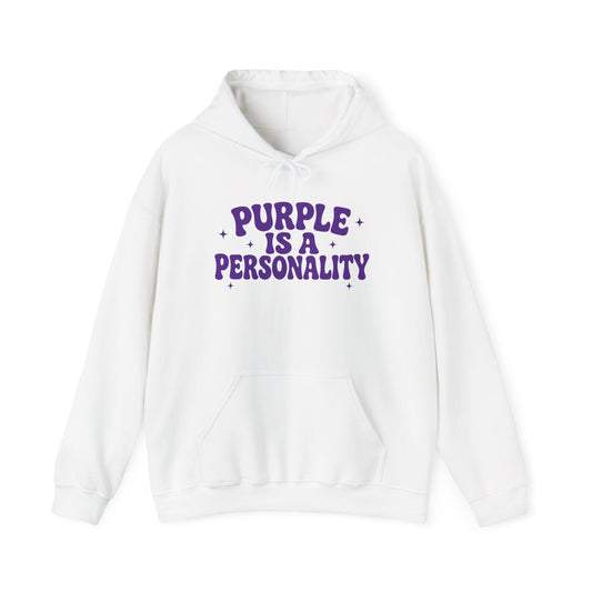 White pullover hoodie with purple “PURPLE IS A PERSONALITY” graphic