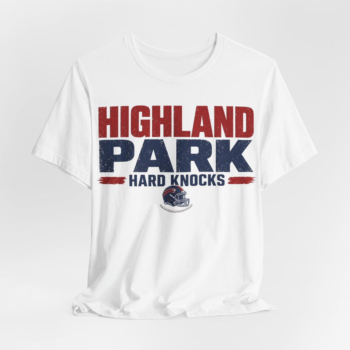 White crew-neck tee with red-and-navy Highland Park Hard Knocks logo print