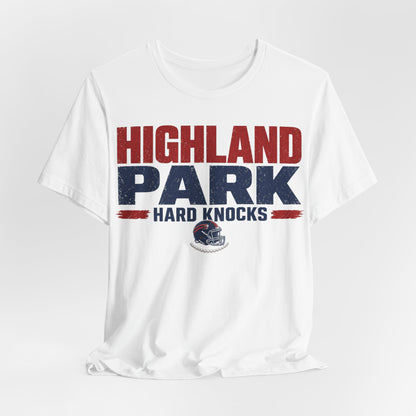 White crew-neck tee with red-and-navy Highland Park Hard Knocks logo print
