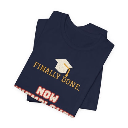 Navy short-sleeve T-shirt with graduation cap graphic and "FINALLY DONE" text.
