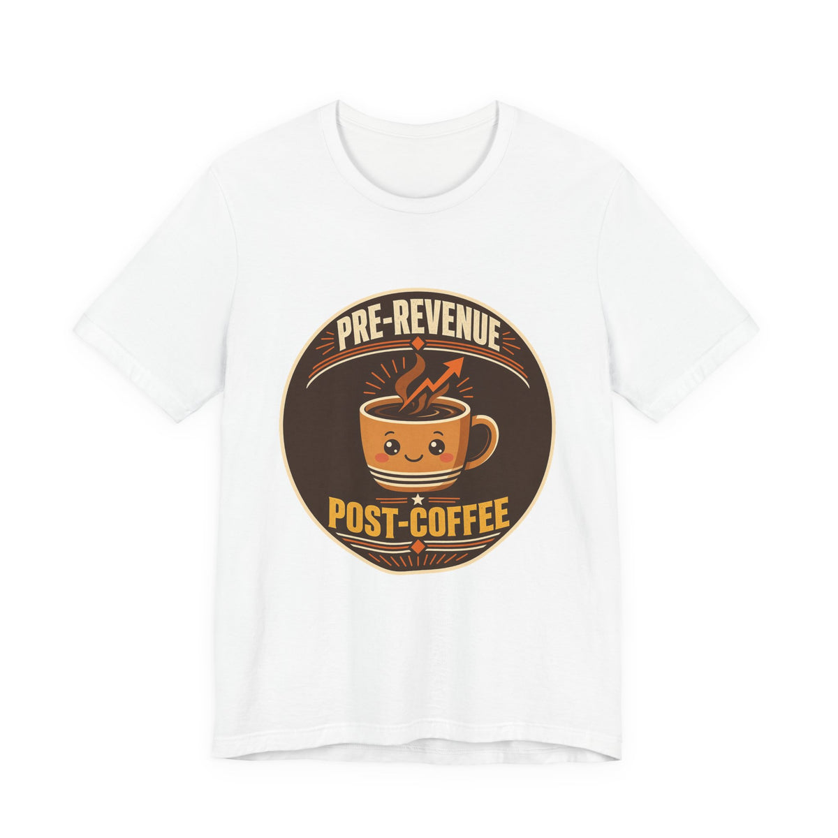 White crew-neck T-shirt with circular coffee mug graphic