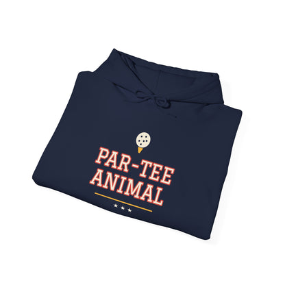 Navy pullover hoodie with "PAR-TEE ANIMAL" graphic and drawstring hood