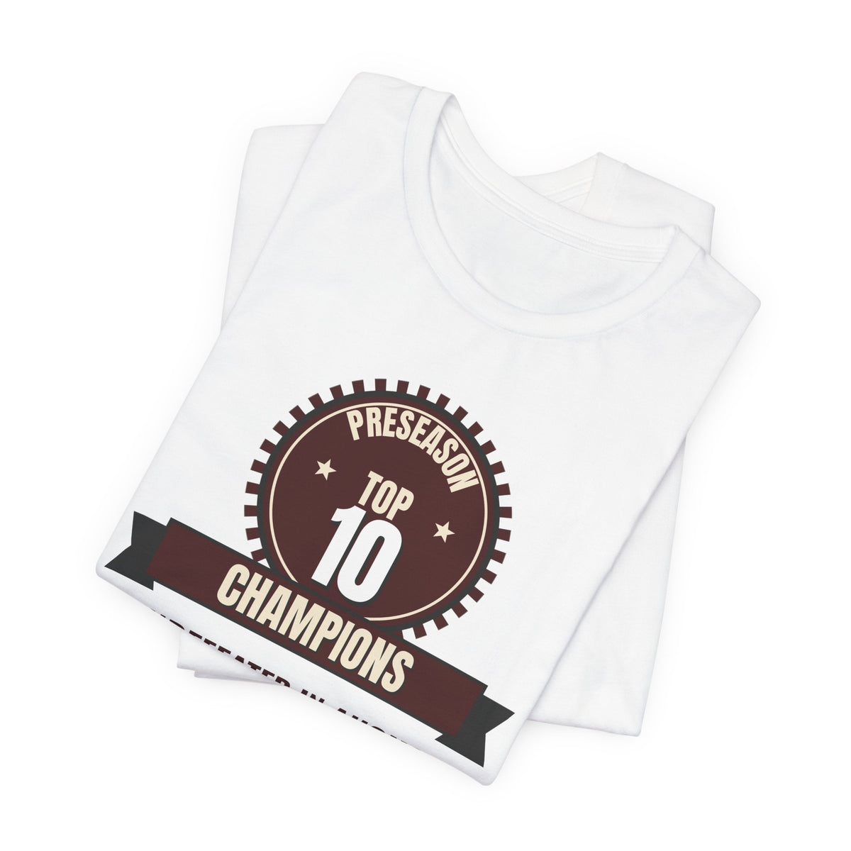 White crewneck tee, 'Top 10 Champions' badge graphic on the front