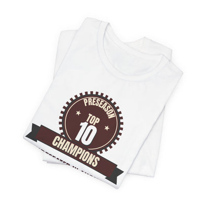 White crewneck tee, 'Top 10 Champions' badge graphic on the front