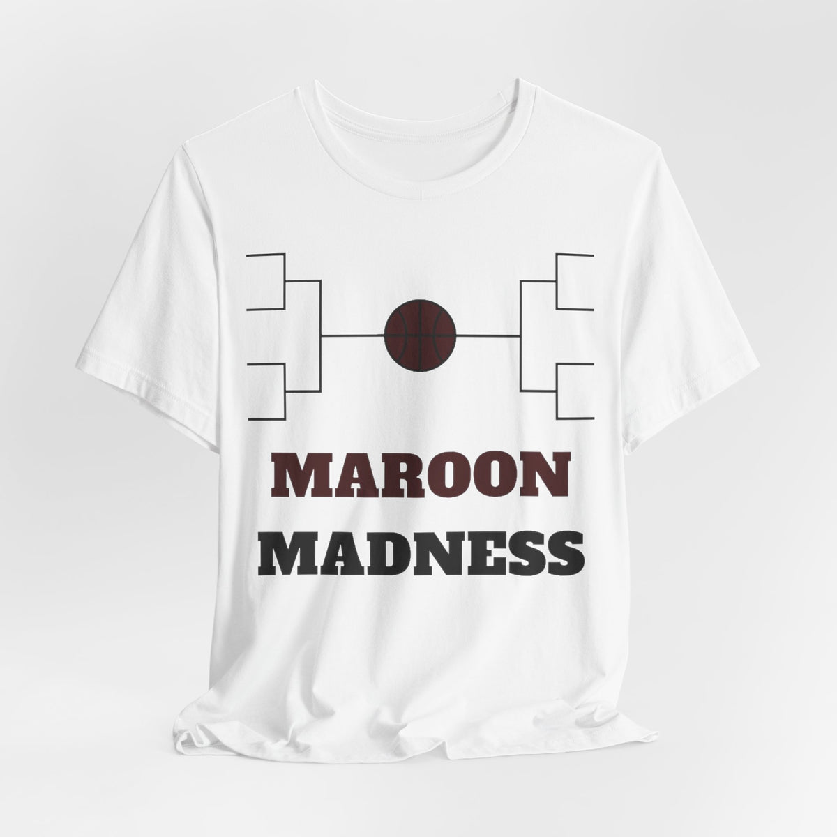 White crewneck tee with basketball bracket graphic and MAROON MADNESS lettering