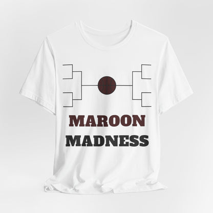 White crewneck tee with basketball bracket graphic and MAROON MADNESS lettering