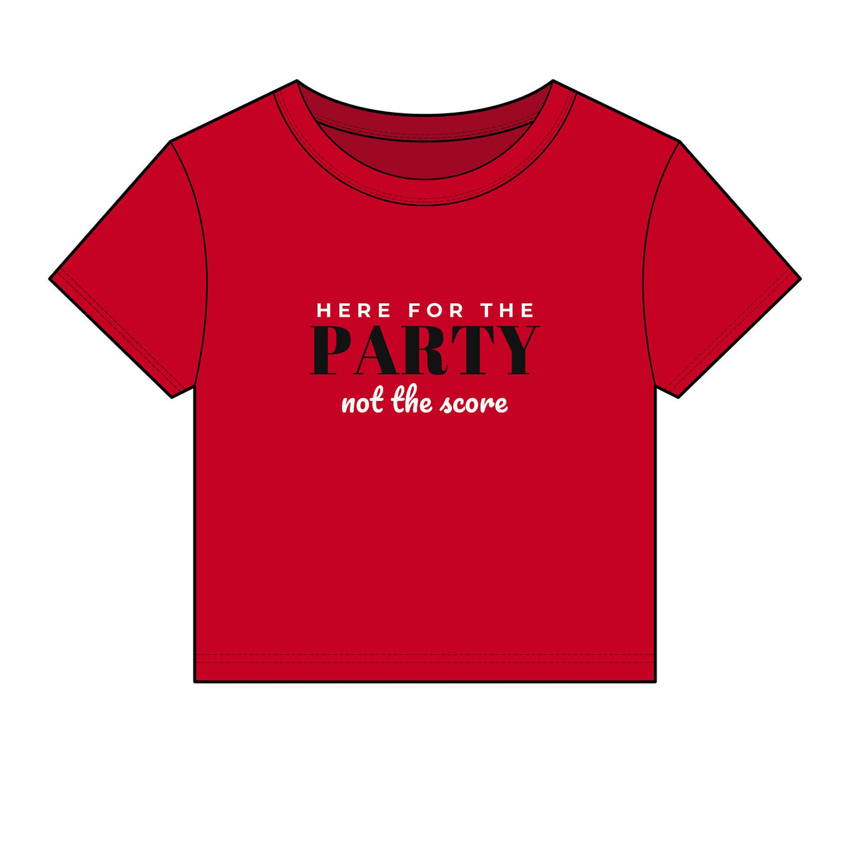 Red crop top T-shirt with front 'PARTY' graphic, crew neck, short sleeves