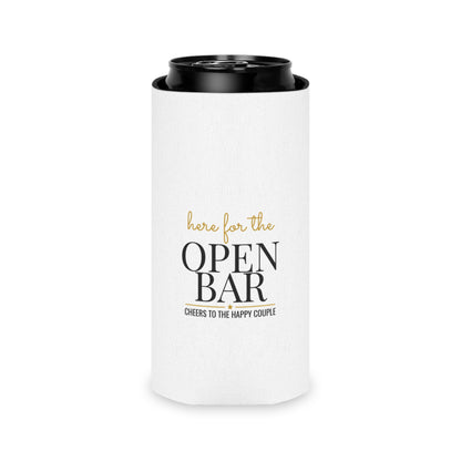 White can koozie with black can top and “here for the OPEN BAR” text